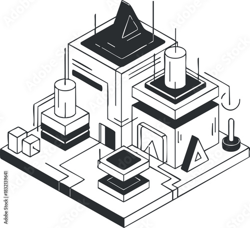 An isometric illustration of a modern architectural structure with geometric shapes in minimalist vector style, ideal for technology and design projects