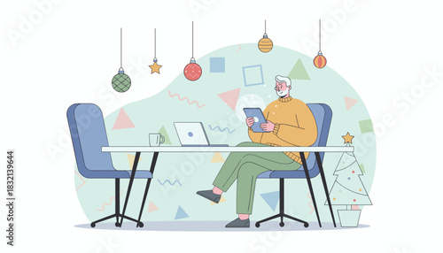 Man working remotely during Christmas holidays with tablet and laptop Festive office setup