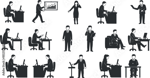 A collection of business professionals in various office activities in black and white vector style, ideal for corporate presentations and materials