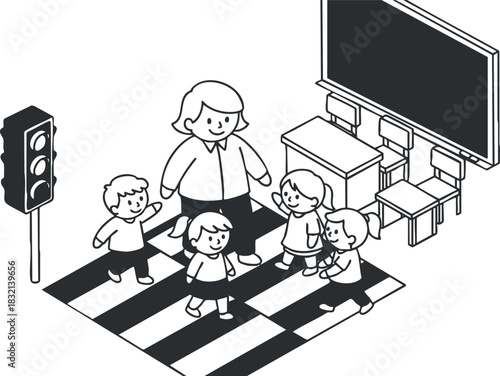 A group of children crossing a pedestrian crosswalk with a teacher in black and white vector style, perfect for educational materials