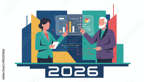 Business professionals analyze 2026 data projection and collaborate on strategy