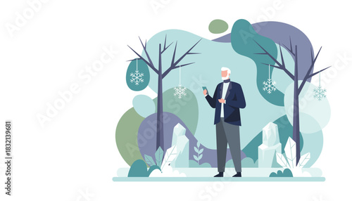 Stylish senior man using smartphone in abstract winter nature setting with snow decor