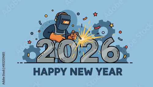 Welder celebrating Happy New Year 2026 by forging metal numbers and industry success