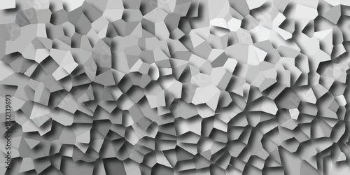 Three dimensional abstract geometric mosaic with extruded polygonal shapes casting shadows, creating a textured, faceted surface in shades of gray and white with a sense of depth and volume