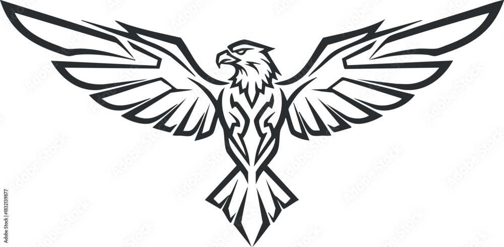 Fototapeta premium A stylized hawk or eagle illustration with outstretched wings in black outline vector style, suitable for logo designs and branding