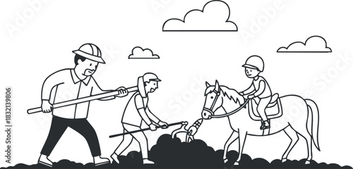 A scene depicting construction workers and a child riding a horse in a black and white outline vector style, suitable for educational materials and children's themes