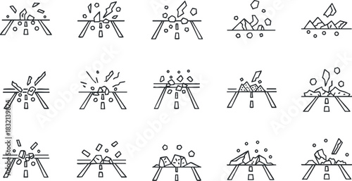 A set of explosion icons with debris in minimalist outline vector style, suitable for safety and construction illustrations
