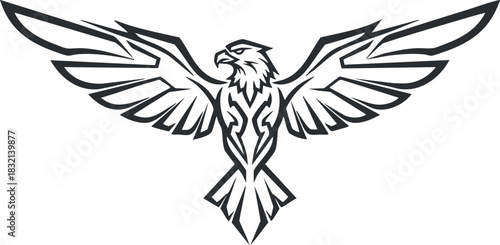 A stylized hawk or eagle illustration with outstretched wings in black outline vector style, suitable for logo designs and branding