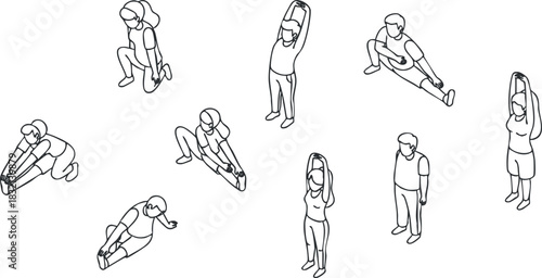 A collection of people performing various yoga and stretching exercises in outline vector style, ideal for fitness and wellness projects