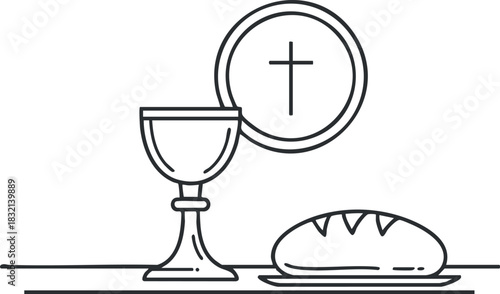 A chalice and bread with a cross symbol in outline minimalist vector style, ideal for religious or spiritual themes