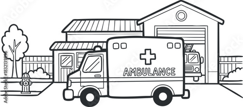 An ambulance parked outside a garage with a tree and fire hydrant in simple black and white line art style, suitable for healthcare and emergency service illustrations