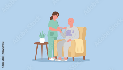 Nurse giving medication to bald patient with cancer ribbon providing supportive home healthcare