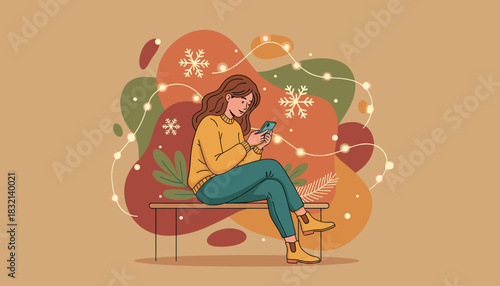 Woman using smartphone in cozy festive setting with fairy lights and snowflakes Digital connectivity