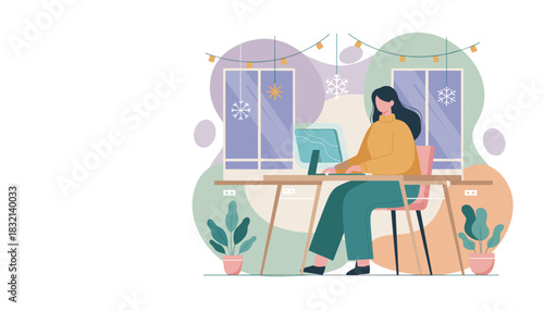 Remote worker using laptop in a cozy winter home office Flat design illustration of productivity