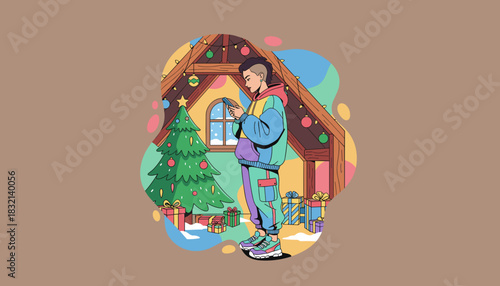 Modern Christmas Person scrolling phone in a colorful festive attic surrounded by gifts
