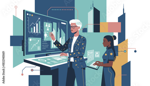 Diverse business women analyze data dashboards on large screens Corporate success and digital transformation