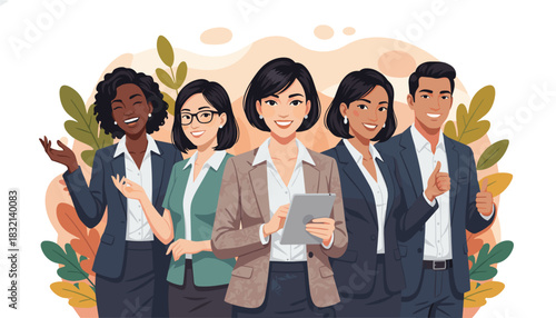 Diverse confident business team of five smiling professionals in corporate attire symbolizing success and partnership