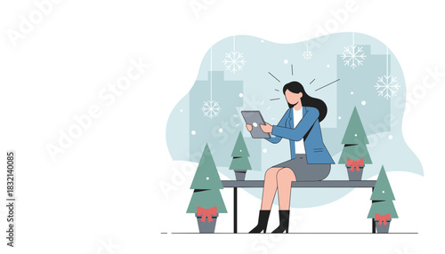 Professional woman uses tablet in winter setting with Christmas trees