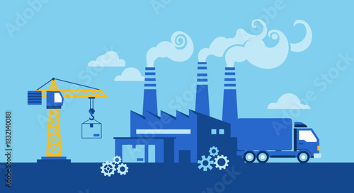 Manufacturing factory illustration with crane truck and smokestacks Industry and logistics concept