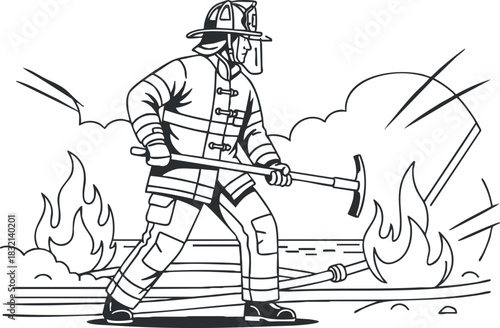 A firefighter in action battling flames with a tool in black and white vector style, ideal for safety awareness campaigns