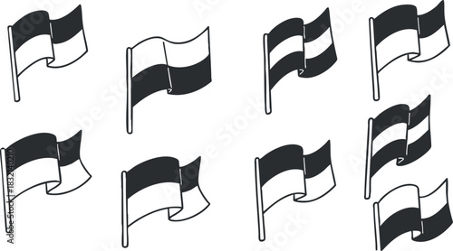 A collection of waving flags in black and white outline vector style, suitable for national celebrations and events