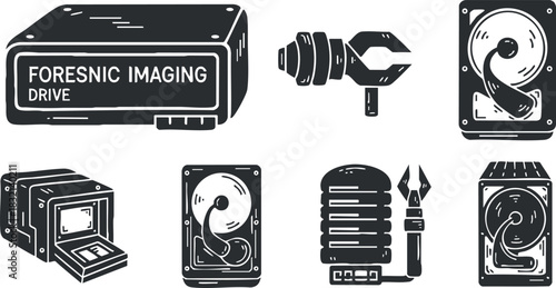 A collection of forensic imaging drives and tools in black and white vector style, suitable for digital security and investigation projects