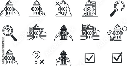A collection of fire hydrant icons in black and white outline vector style, suitable for urban safety graphics and signage