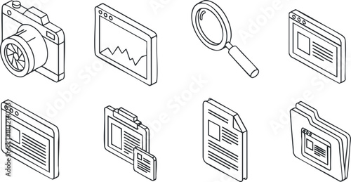 A collection of technology and media icons including a camera, browser windows, magnifying glass, and newspaper in minimalist outline vector style, suitable for digital design projects