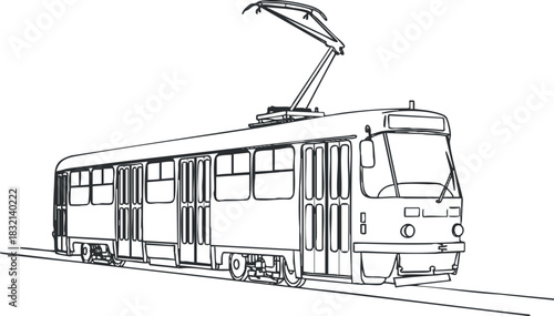 A detailed outline illustration of an electric tram in minimalist vector style, suitable for urban transport designs