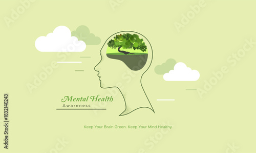 Mental Health Awareness line art vector illustration featuring a human profile with a green landscape and trees inside the brain. Symbolizes psychological wellness, peace, and cognitive health