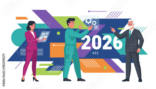 Business team collaborating on future strategy and development with 2026 projection technology