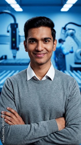 Smiling man in front of a futuristic factory with robotic arm and other employees