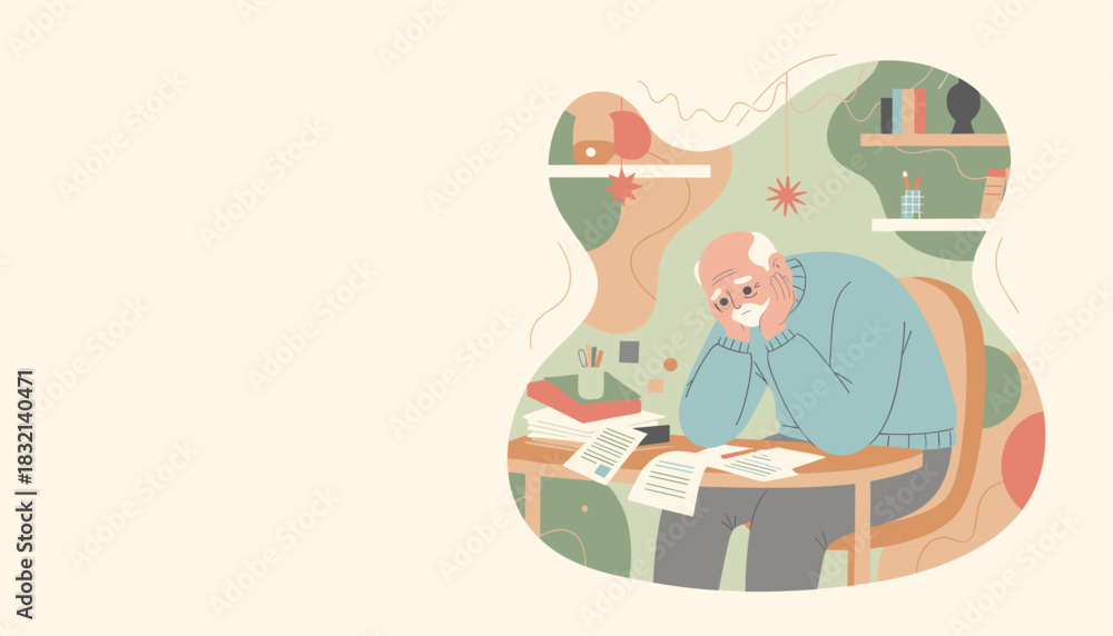 Fototapeta premium Overwhelmed senior man sitting at a desk with papers experiencing stress and fatigue