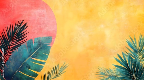 Vibrant Tropical Palm Leaves against Sunset Sky Abstract Background