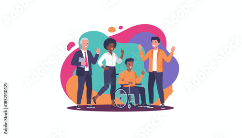 Diverse colleagues waving illustrating workplace inclusion equal opportunity and collaborative success