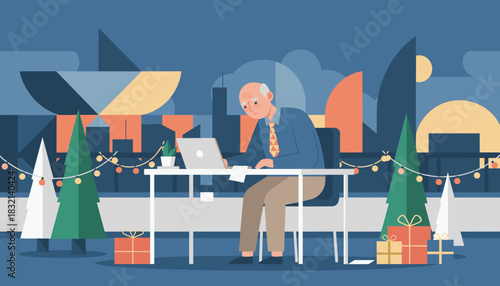 Tired senior worker on laptop during holiday season festive workplace illustration