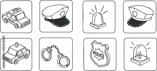 A collection of police-themed icons including a police car, hat, badge, handcuffs, and light in outline vector style, suitable for law enforcement graphics and educational materials
