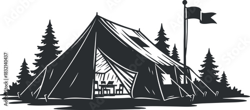A camping tent with a flag surrounded by pine trees in a black and white vector style, perfect for outdoor adventure themes