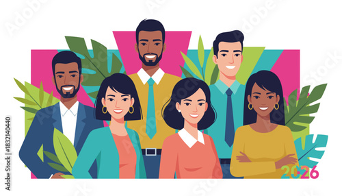 Diverse team of smiling business people standing together with tropical leaves background