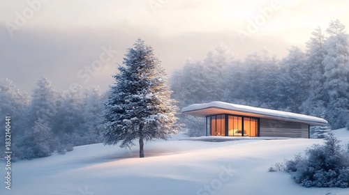 Cozy Winter Cabin Nestled in Snowy Pine Forest Landscape