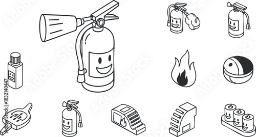 A collection of fire safety icons including a cartoon fire extinguisher, fire alarm, and safety equipment in outline vector style, ideal for educational materials