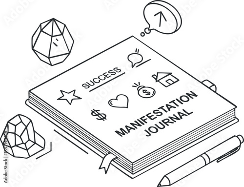 A manifestation journal with icons representing success, creativity, and goals in a minimalist outline vector style, perfect for self-improvement and personal growth projects
