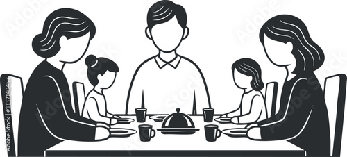 A family gathered around a dining table enjoying a meal in black and white minimalist vector style, perfect for family-related themes and lifestyle illustrations