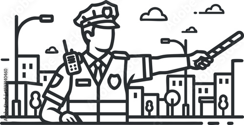 A police officer directing traffic in outline vector style, suitable for law enforcement and safety-themed designs