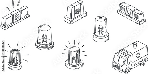 A collection of emergency vehicle lights and sirens in outline vector style, ideal for safety and health-related designs