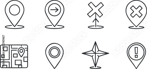 A collection of navigation and location icons in black outline vector style, suitable for mapping and travel applications