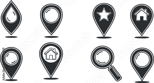 A collection of location pins featuring a drop, home, star, and magnifying glass icons in flat modern vector style, ideal for navigation apps and web design