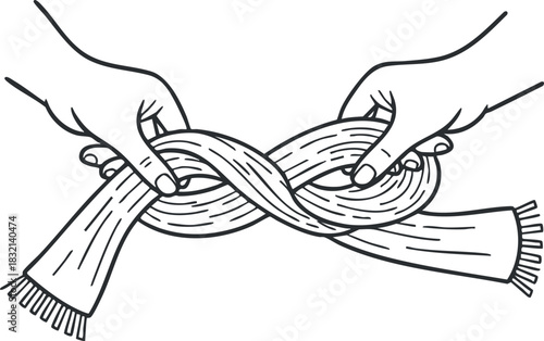 A pair of hands tying a knot with a long piece of fabric in black outline minimalist vector style, suitable for craft tutorials and design projects
