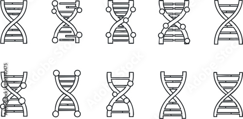 A collection of DNA double helix icons in black and white outline vector style, suitable for scientific and educational projects