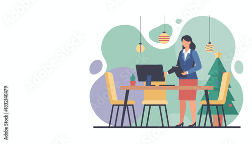 Professional woman works in a modern office decorated for Christmas holidays